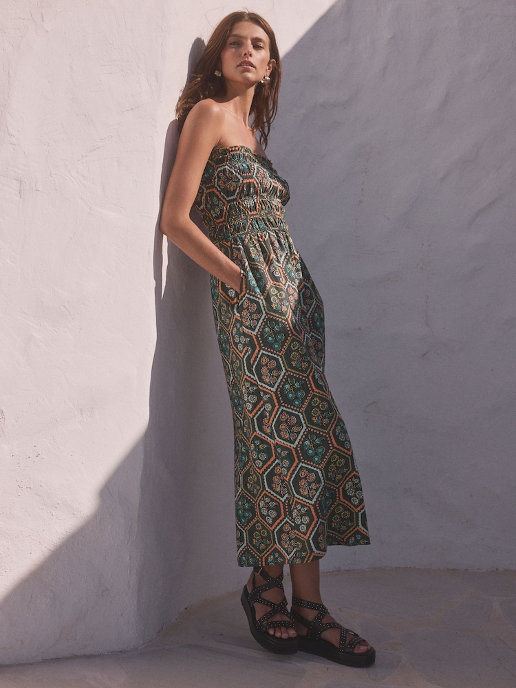 Teal Blue Jersey 100% Cotton Textured Bandeau Midi Dress - Image 2 of 7