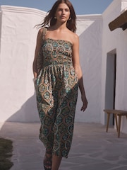 Teal Blue Jersey 100% Cotton Textured Bandeau Midi Dress - Image 3 of 7