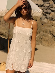 White 100% Cotton 3D Embroidered Mini Summer Shift Dress - Image 6 of 18