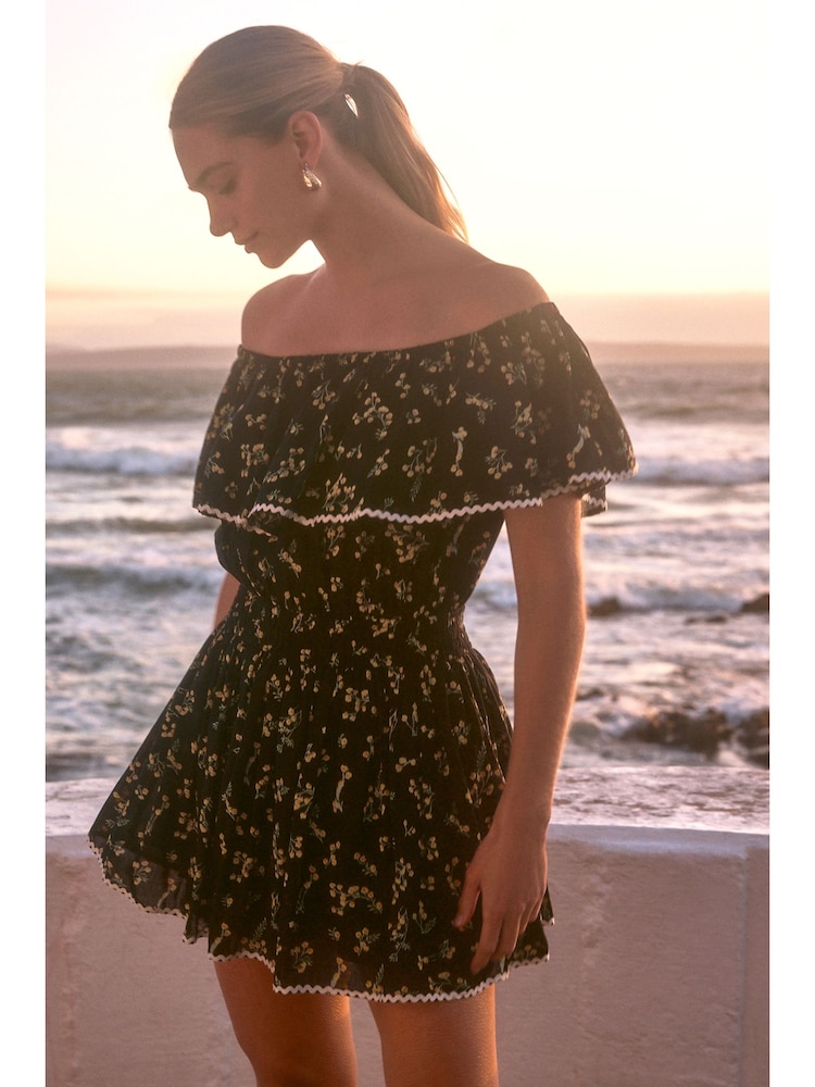 Black Ditsy Off Shoulder Summer Skort 100% Cotton Floral Dress - Image 1 of 6 Black Ditsy Off Shoulder Summer Skort 100% Cotton Floral Dress - Image 1 of 6