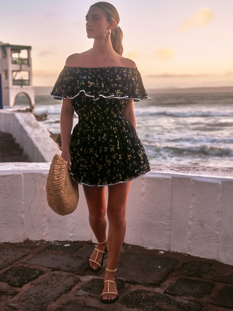Black Ditsy Off Shoulder Summer Skort 100% Cotton Floral Dress - Image 2 of 6 Black Ditsy Off Shoulder Summer Skort 100% Cotton Floral Dress - Image 2 of 6