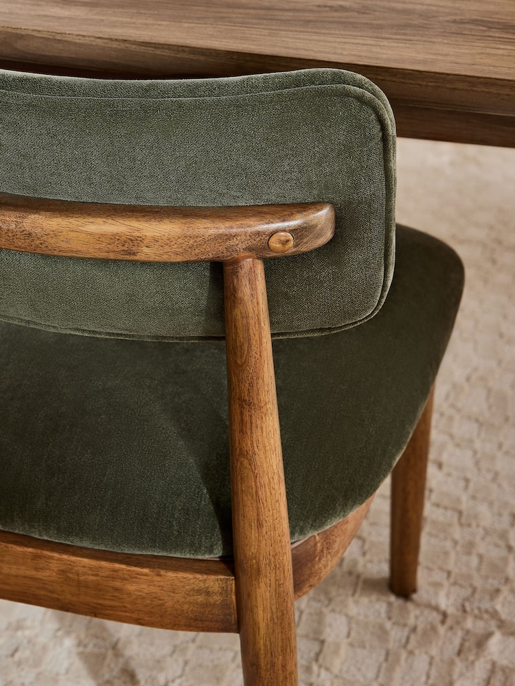 Set of 2 Relaxed Chenille Dark Green Wrenley Dark Wood Leg Dining Chairs - Image 2 of 9