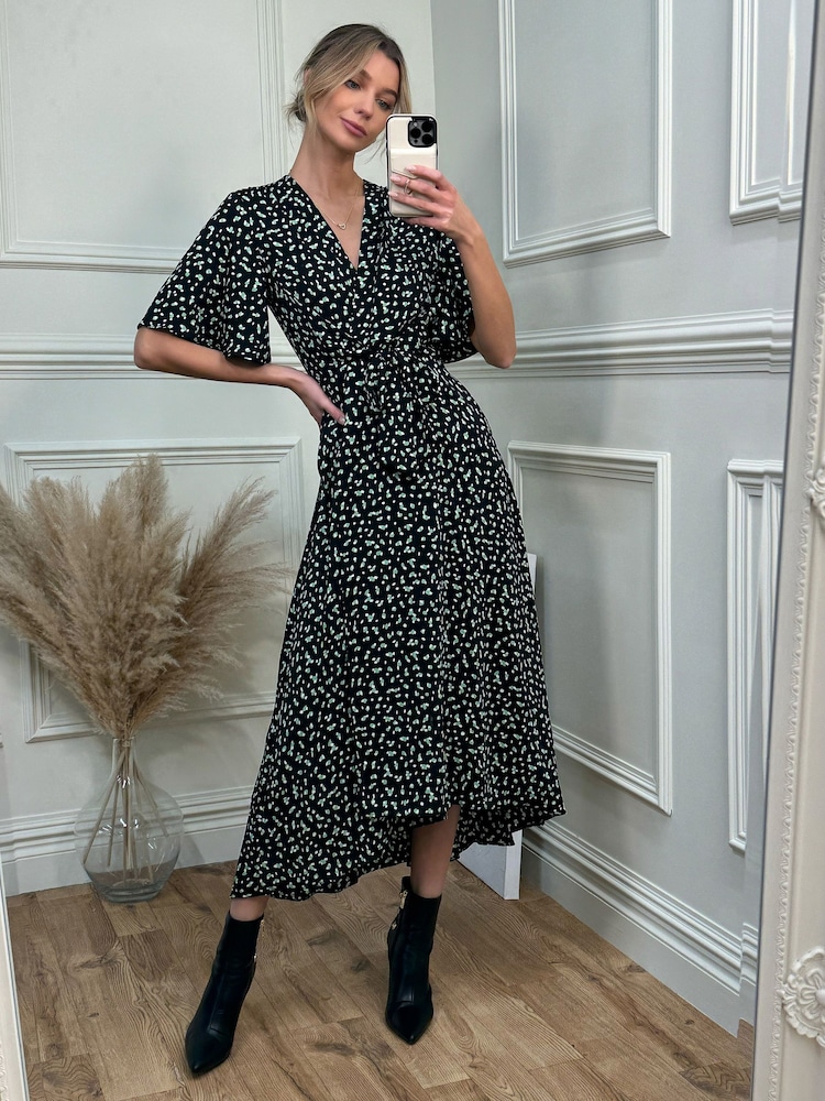 Jolie Moi Black Angel Sleeve Wrap Tie Front Maxi Dress - Image 1 of 6