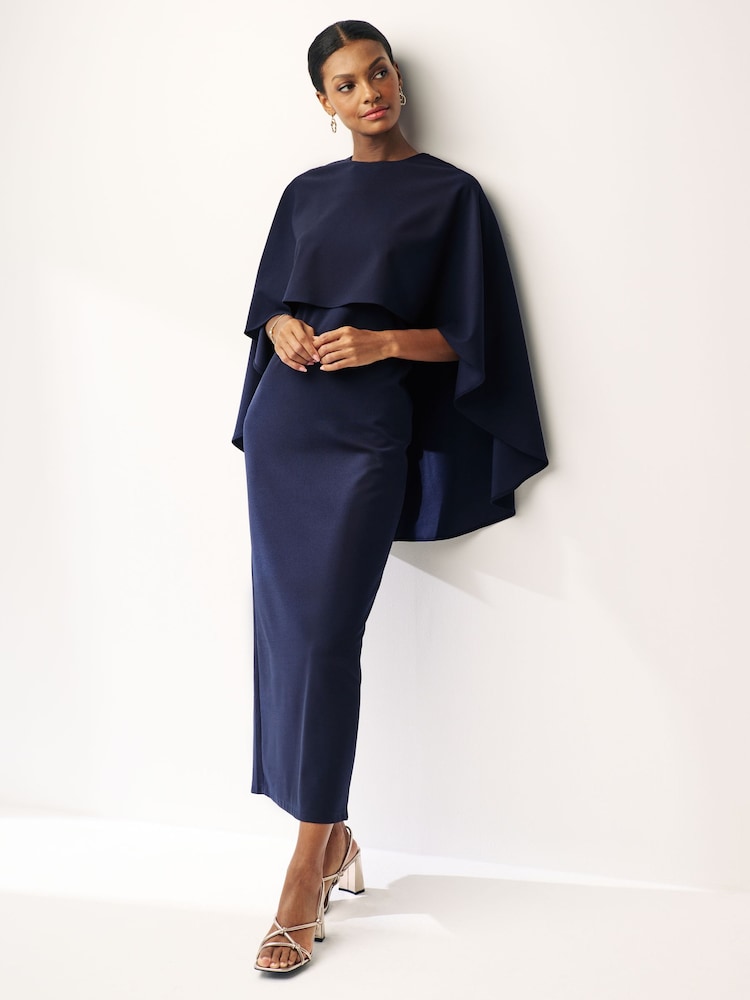 Navy Blue Cape Maxi Dress - Image 1 of 6
