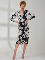Jolie Moi Black Print Satin Wrap Bodycon Dress - Image 1 of 6