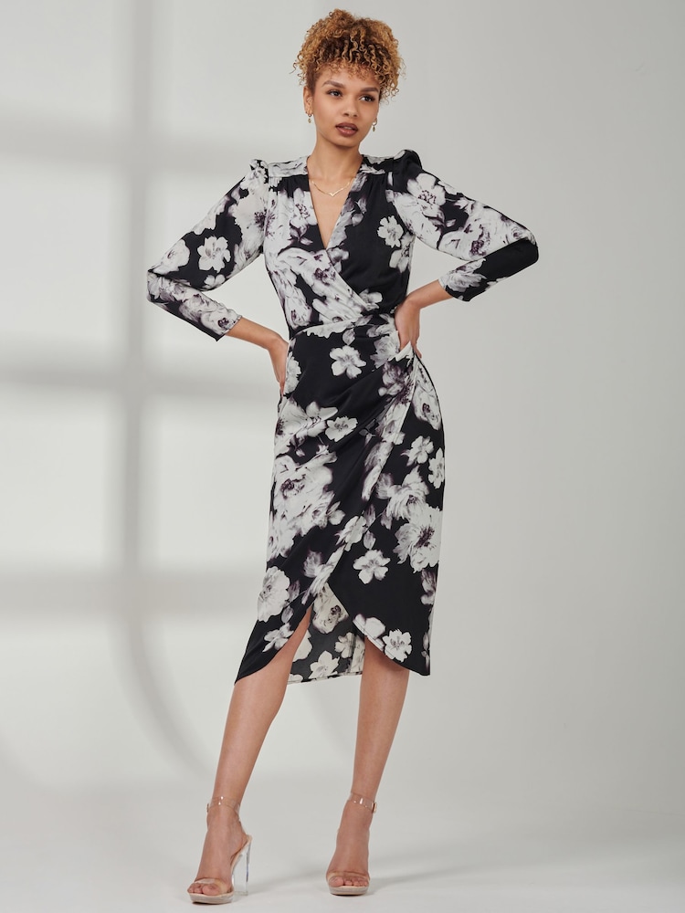 Jolie Moi Black Print Satin Wrap Bodycon Dress - Image 1 of 6