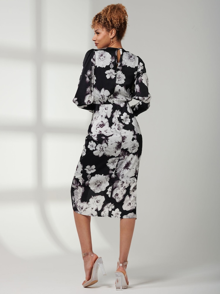 Jolie Moi Black Print Satin Wrap Bodycon Dress - Image 2 of 6