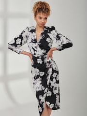 Jolie Moi Black Print Satin Wrap Bodycon Dress - Image 3 of 6