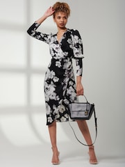 Jolie Moi Black Print Satin Wrap Bodycon Dress - Image 4 of 6