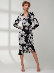 Jolie Moi Black Print Satin Wrap Bodycon Dress - Image 5 of 6