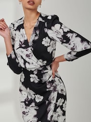 Jolie Moi Black Print Satin Wrap Bodycon Dress - Image 6 of 6