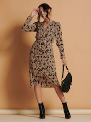 Jolie Moi Brown Leopard Print Wrap Detail Bodycon Dress - Image 1 of 6