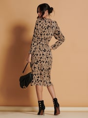 Jolie Moi Brown Leopard Print Wrap Detail Bodycon Dress - Image 2 of 6
