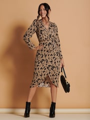 Jolie Moi Brown Leopard Print Wrap Detail Bodycon Dress - Image 3 of 6