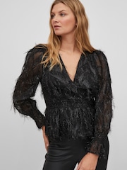 VILA Black Tassel Glitter Detail Long Sleeve V Neck Top - Image 1 of 6