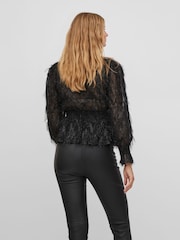 VILA Black Tassel Glitter Detail Long Sleeve V Neck Top - Image 2 of 6