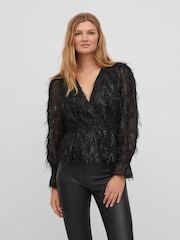 VILA Black Tassel Glitter Detail Long Sleeve V Neck Top - Image 4 of 6