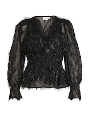 VILA Black Tassel Glitter Detail Long Sleeve V Neck Top - Image 6 of 6