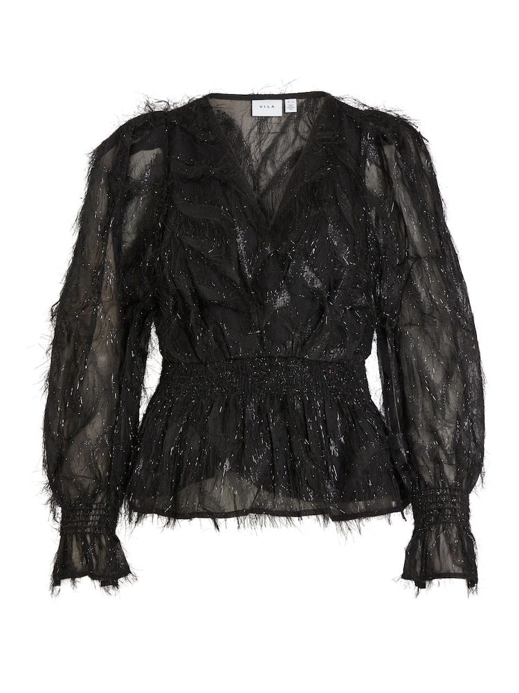 VILA Black Tassel Glitter Detail Long Sleeve V Neck Top - Image 6 of 6