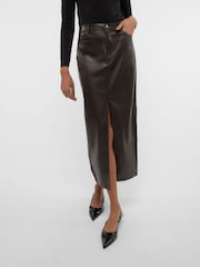 VERO MODA Brown Faux Leather Midi Skirt - Image 3 of 7