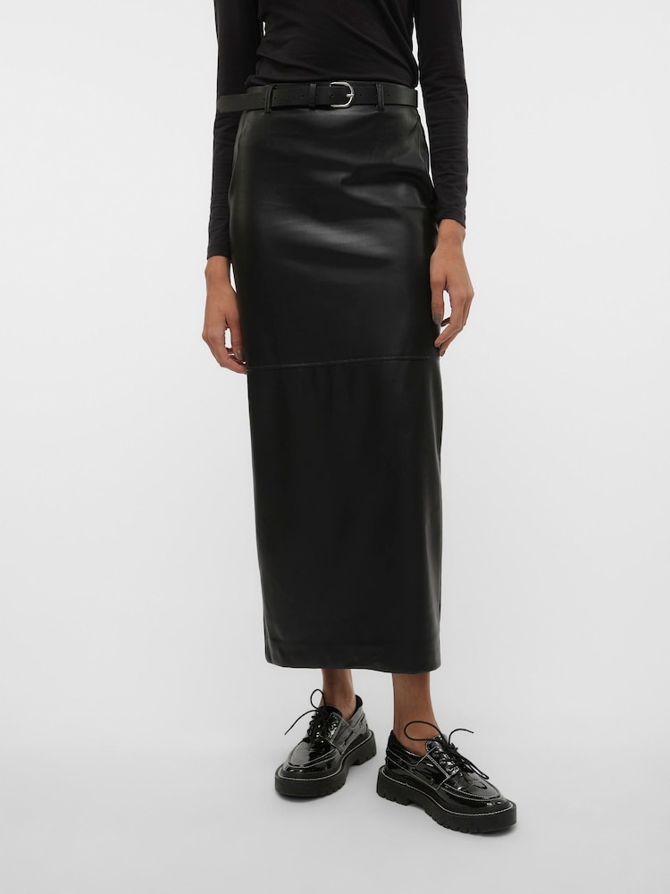 VERO MODA Black Faux Leather Belted Maxi Skirt - Image 1 of 6