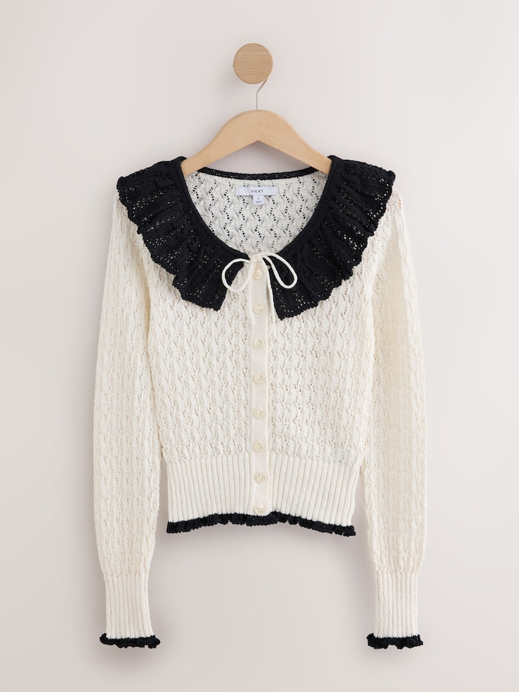 Ecru Mono Long Sleeve Frill Collar Cardigan - Image 1 of 3
