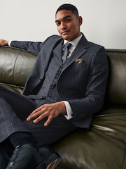 Navy Blue Tailored Fit Stripe Suit Jacket - Image 4 of 16