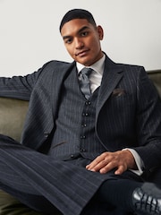 Navy Blue Tailored Fit Stripe Suit Jacket - Image 9 of 16
