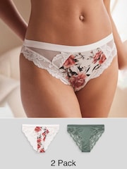 Red Floral Print/Green Lace Trim High Leg Knickers 2 Pack - Image 1 of 12