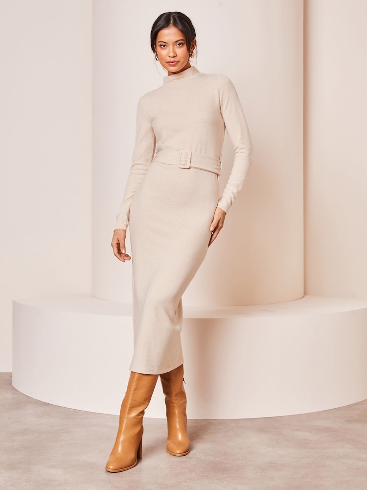 Lipsy Cream Cosy Belted High Neck Coloumn Midi Jumper Dress - Image 1 of 4