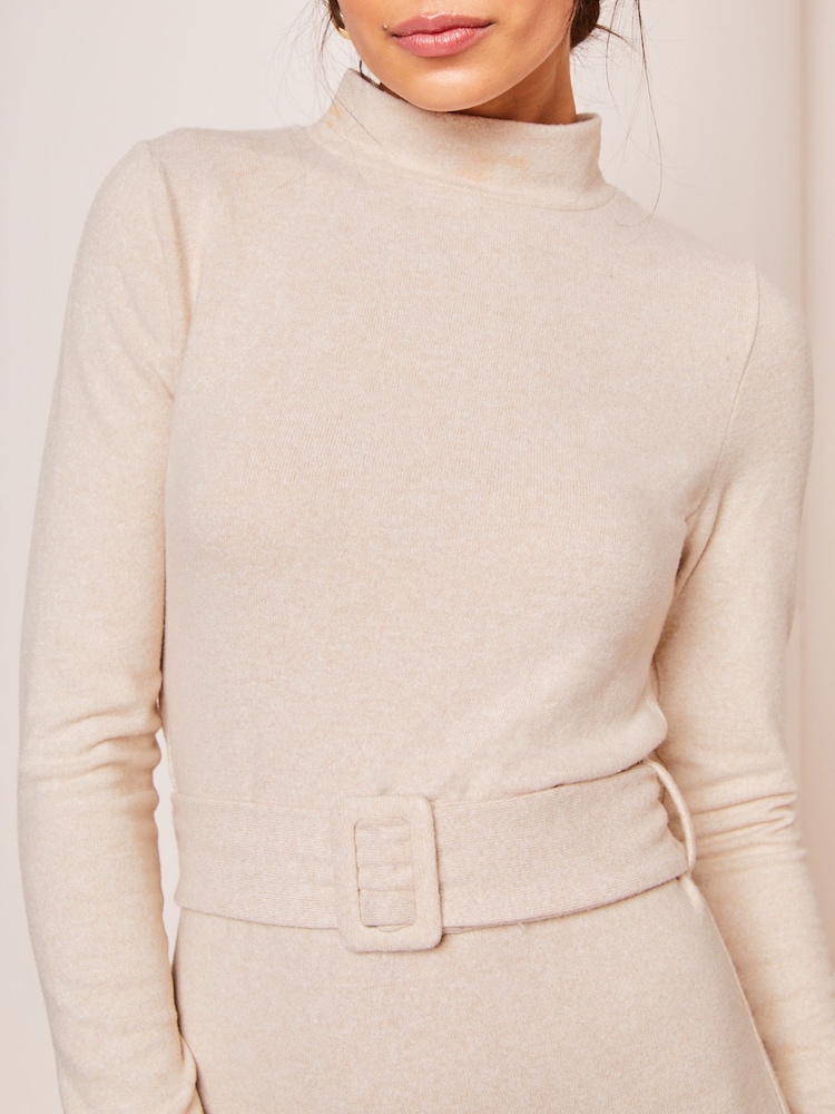 Lipsy Cream Cosy Belted High Neck Coloumn Midi Jumper Dress - Image 4 of 4