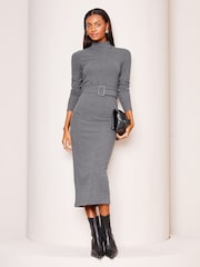 Lipsy Grey Cosy Belted High Neck Coloumn Midi Jumper Dress - Image 1 of 4