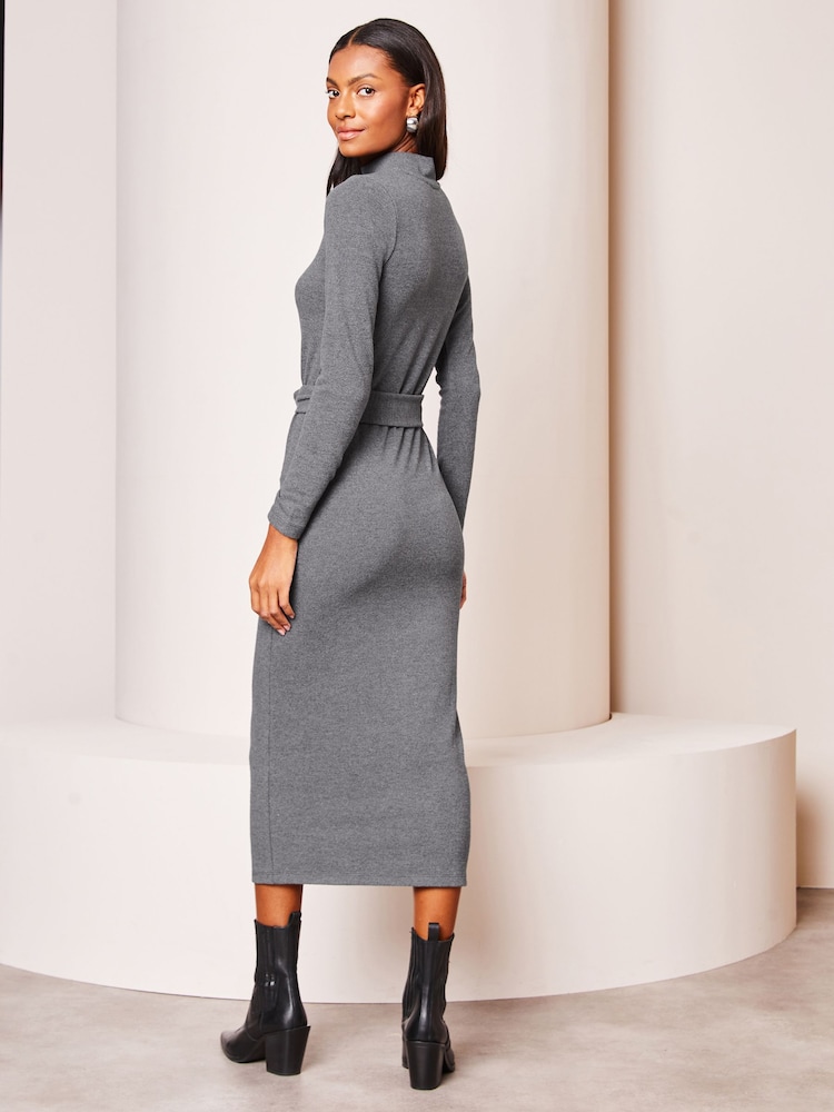 Lipsy Grey Cosy Belted High Neck Coloumn Midi Jumper Dress - Image 2 of 4