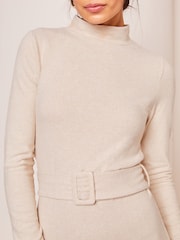 Lipsy Cream Petite Cosy Belted High Neck Coloumn Midi Jumper Dress - Image 4 of 4