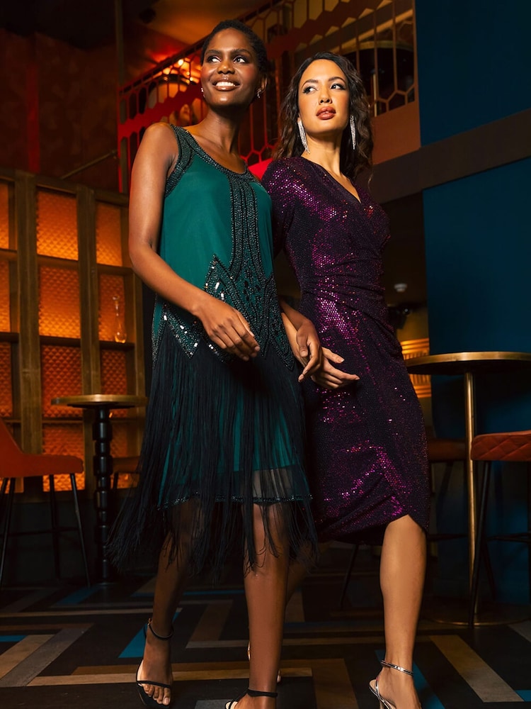 Roman Purple Sequin Sparkle Stretch Wrap Purple Dress - Image 2 of 6