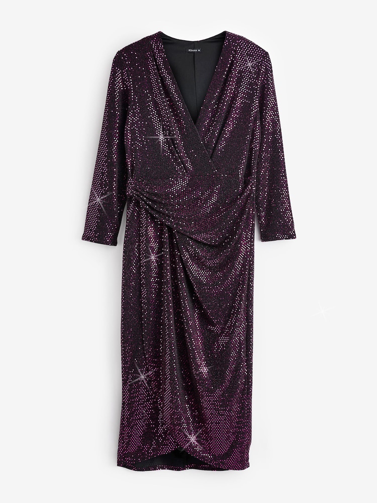 Roman Purple Sequin Sparkle Stretch Wrap Purple Dress - Image 6 of 6