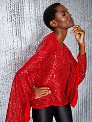 Roman Red Sequin Cape Overlay Stretch Top - Image 1 of 5
