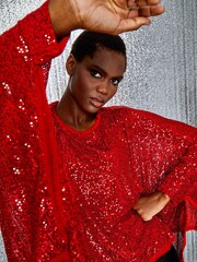 Roman Red Sequin Cape Overlay Stretch Top - Image 3 of 5