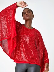 Roman Red Sequin Cape Overlay Stretch Top - Image 4 of 5