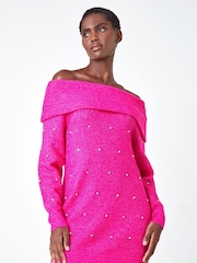 Roman Pink Sparkle Embellished Bardot Jumper - Image 1 of 4