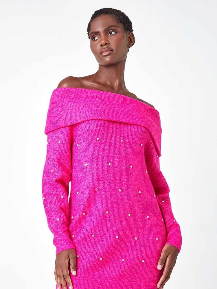 Roman Pink Sparkle Embellished Bardot Jumper - Image 1 of 4