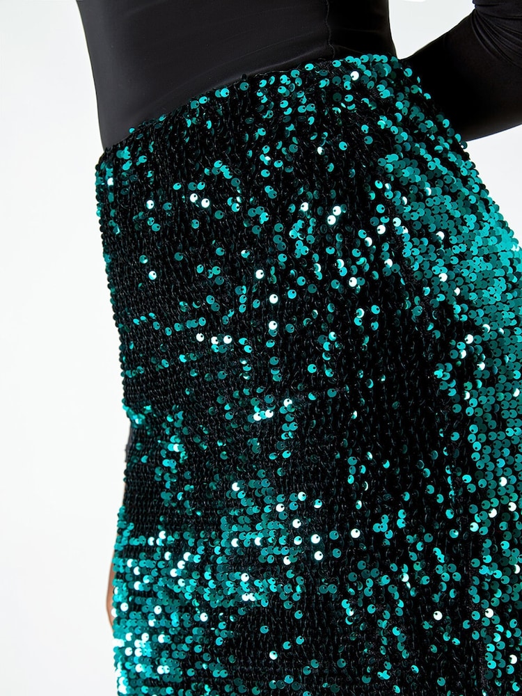 Roman Green Sequin Velour Stretch Skirt - Image 5 of 5