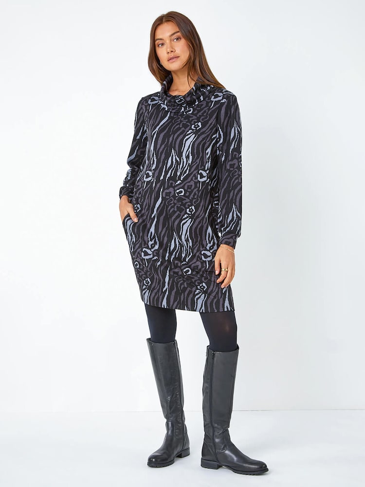 Roman Grey Animal Cowl Neck Pocket Shift Dress - Image 1 of 1