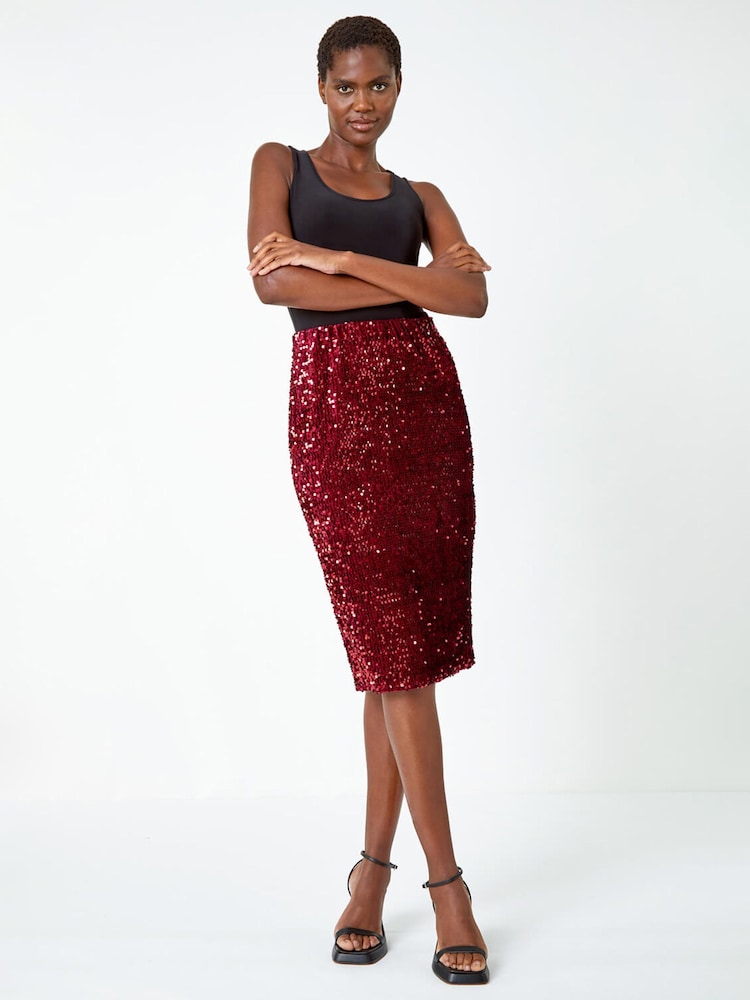 Roman Red Sequin Velour Stretch Pencil Skirt - Image 2 of 5