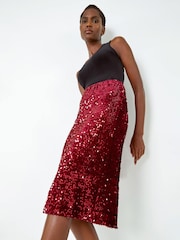 Roman Red Sequin Velour Stretch Pencil Skirt - Image 3 of 5