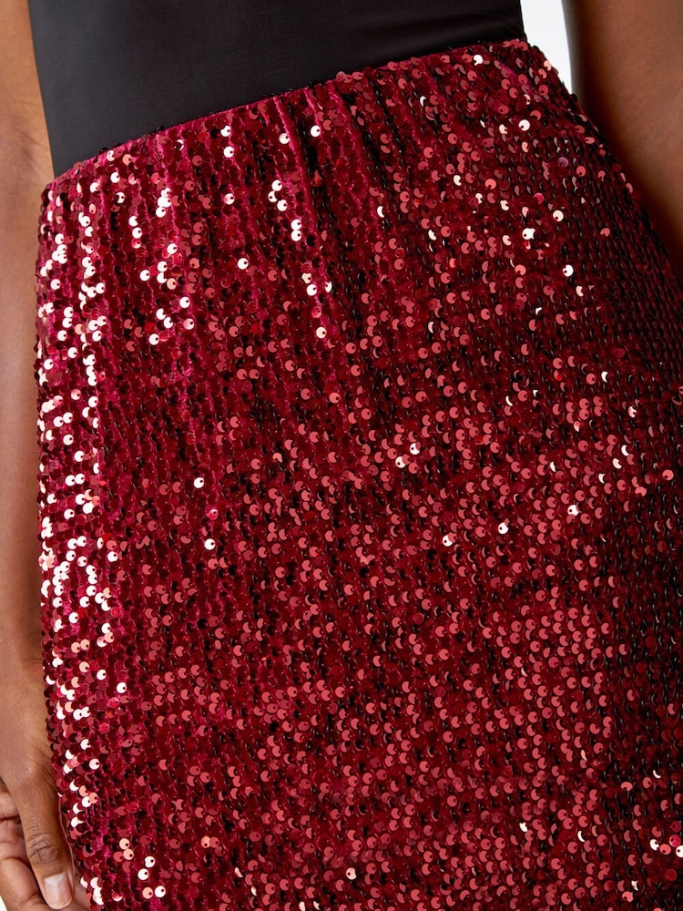 Roman Red Sequin Velour Stretch Pencil Skirt - Image 5 of 5