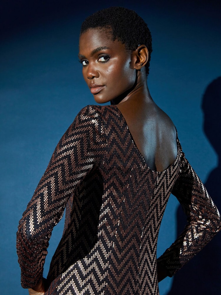 Roman Metallic Zig Zag Sequin Stretch Dress - Image 2 of 5