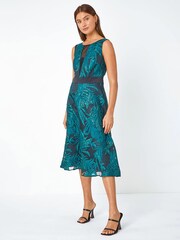 Roman Navy Blue Metallic Floral Print Jacquard Dress - Image 1 of 5