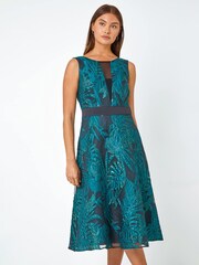 Roman Navy Blue Metallic Floral Print Jacquard Dress - Image 2 of 5