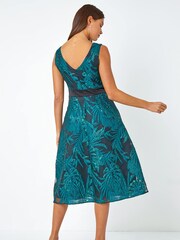 Roman Navy Blue Metallic Floral Print Jacquard Dress - Image 3 of 5